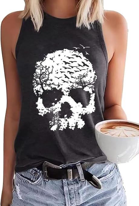 PUCKOLITY Womens Funny Skull Graphic Tank Tops Skeleton Funny Gothic Graphic Casual Sleeveless Shirts Novelty Horror Tee Tops