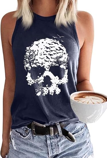 PUCKOLITY Womens Funny Skull Graphic Tank Tops Skeleton Funny Gothic Graphic Casual Sleeveless Shirts Novelty Horror Tee Tops