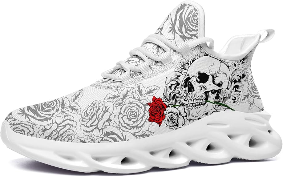 Men's Gothic Skull Running Shoes, Punk Rock Breathable Cushion Sports Walking Sneakers Gym Jogging Tennis Shoes - sugar skull boots