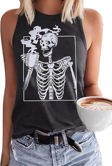 PUCKOLITY Womens Funny Skull Graphic Tank Tops Skeleton Funny Gothic Graphic Casual Sleeveless Shirts Novelty Horror Tee Tops