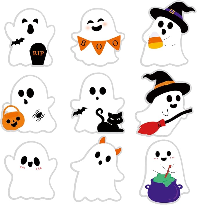 Cute Halloween Stickers Decorations, 108pcs 2 Inch Self-Adhesive Halloween Ghost Stickers Tags Label Decal for Envelopes Craft Card Seal Gifts Candy Bags Party Decor Supplies (Cute Ghost) - skull sticker