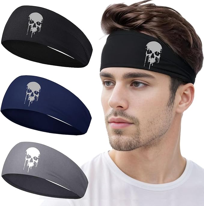 Sports Headbands for Men - 3pcs Sweatbands & Cooling Headbands for Running - skull headband