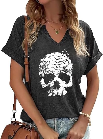 PUCKOLITY Halloween Shirts for Women Funny Halloween Pumpkin Graphic Short Sleeve Shirt Casual Fall Tee Tops - skull tshirt