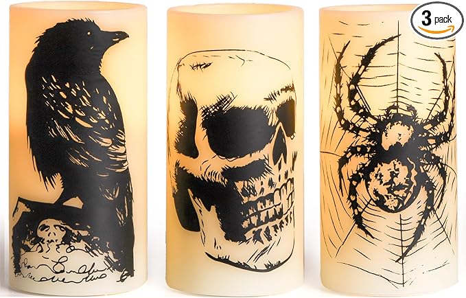 Hbaushun Halloween Flameless Candles LED Flickering Candles with Skull, Crow, Spider Web Decals,Battery Operated with 6 Hour Timer Halloween Decorations Horror Themed Candles(3 Pack, D3 x H6) - skull candle