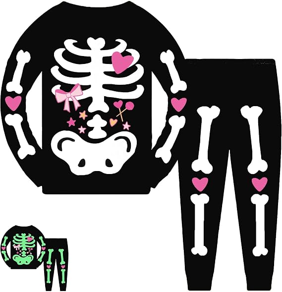 Tkria Kids Pajamas for Boys Skeleton Glow-in-The-Dark Cotton Sleepwear Toddler Clothes Halloween Outfit Size 1-7T… - skull pajamas