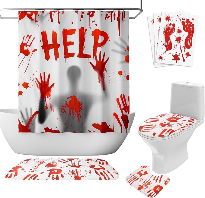 Hahafelt 7 Pcs Halloween Bloody Shower Curtain Set Blood Help Me Decor - skull toilet mat