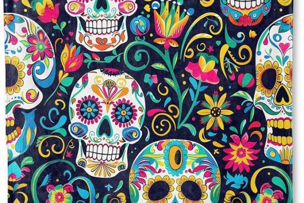 Colorful Sugar Skull Throw Blanket- Ultra Soft, Fleece, Lightweight,Festive Day of The Dead Celebration Blankets, for Couch Room Bedroom Halloween Holiday Decor, Gifts for Women 50x60in