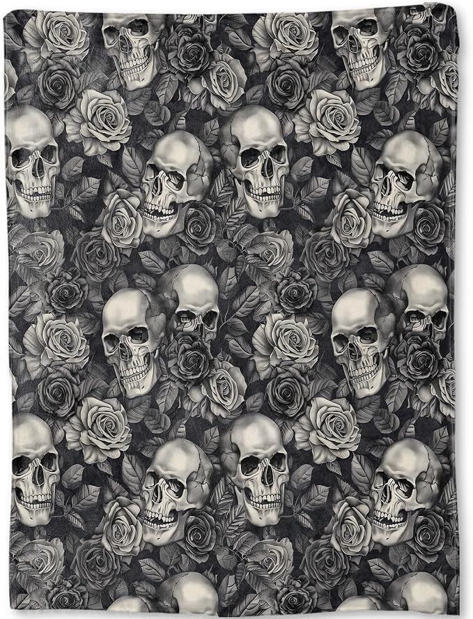 Gothic Skull Flannel Blanket - Rose and Elegant Goth Dark Throw,Gifts for Women Men, Ultra Soft & Warm,Lightweight, for Couch Bedroom Living Room Halloween Festive Decor 50x60in - skull blanket
