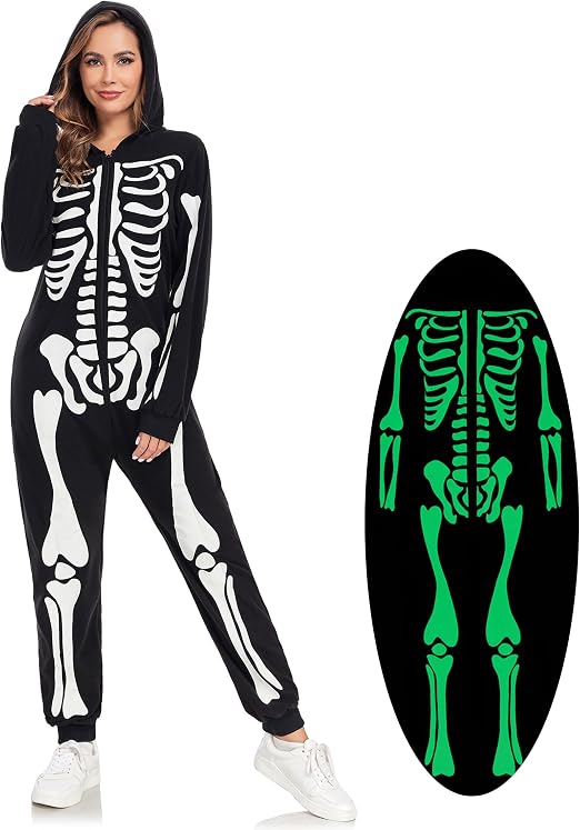 Halloween Skeleton Costume for Men Bone Skin Costume Glow in Dark Adult Skull Onesie - sugar skull dress
