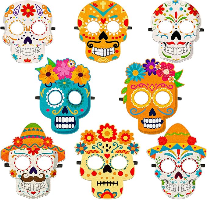 8PCS Dia De Los Muertos Masks - Halloween Felt Sugar Skull Crafts, Day of The Dead Costume Accessories Decorations Classroom Activities Party Favors - sugar skull makeup