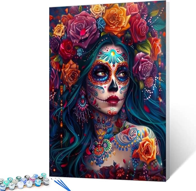 Skeleton Makeup Paint by Numbers Kits for Adult Day of The Dead Halloween Woman Painting Kits Sugar Skull Paint by Numbers Kits on Canvas Perfect for Gift Home Wall Decor Without Framed 16''W x 20''H - skull wall art