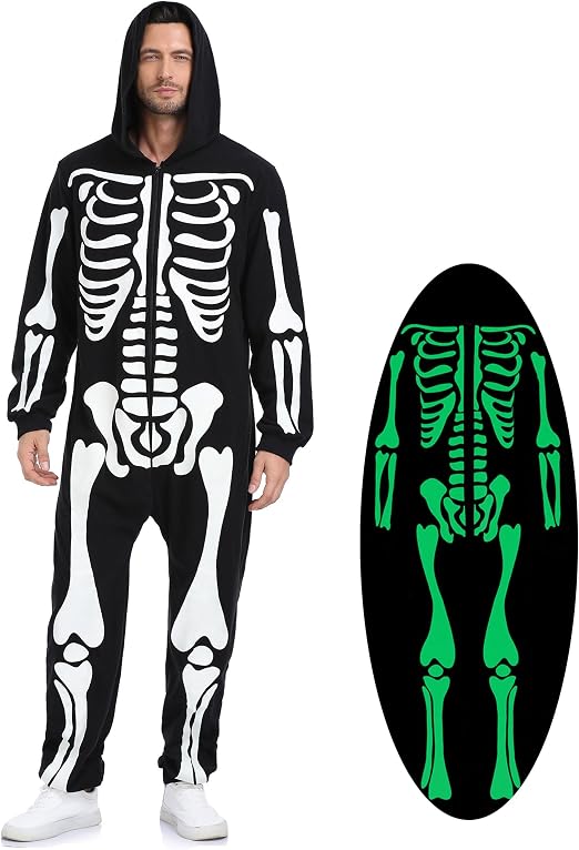 Halloween Skeleton Costume for Men Bone Skin Costume Glow in Dark Adult Skull Onesie - sugar skull costume
