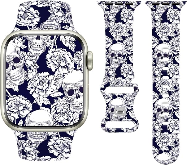 Holiday Band Compatible with Apple Watch 38mm 40mm 41mm 42mm 44mm 45mm 49mm Women Men,Soft Silicone Cute Sport Strap Design for Apple Watch Ultra iWatch Series11 10 9 8 7 6 5 4 3 2 1 SE Band - skull watch