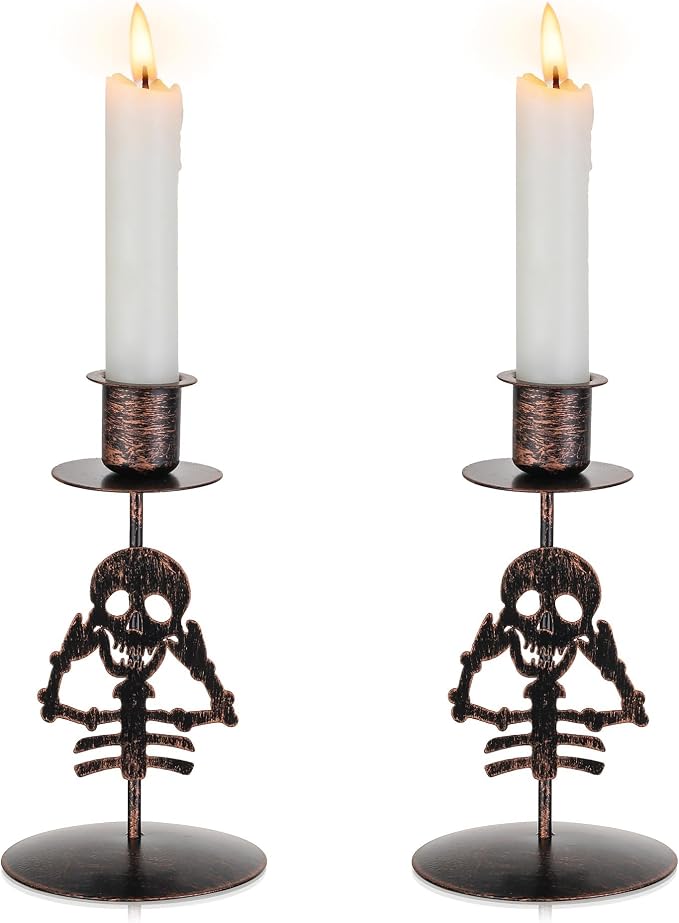 Romadedi Candle Holder for Halloween Decor: Set of 2 Black Gothic Skull Taper Candlestick Table Centerpiece Decorations Spooky Party Dinning Room Home Indoor - skull candle