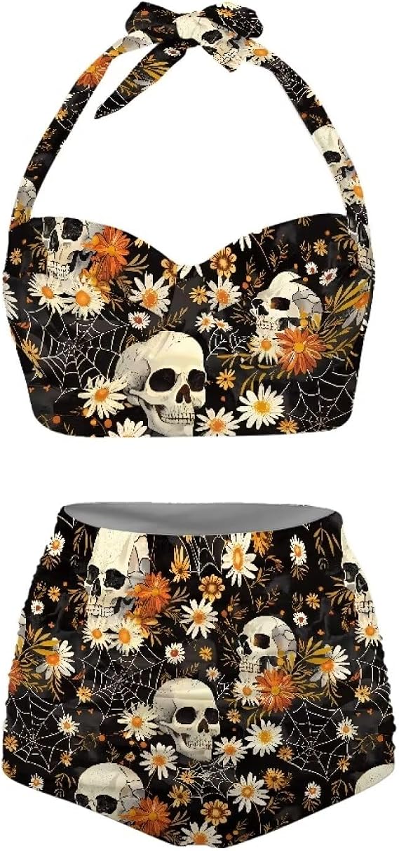 Women Two Piece Bikini Set Swimsuit Halter Ruched High Waist Bikini with Bottom
