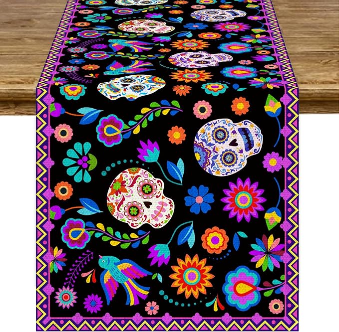 Mexican Fiesta Table Runner Fifth of May Sugar Skull Linen Dia De Los Muertos Table Runner for Day of The Dead Altar De Muertos Dinning Party Decoration Kitchen Supply (13 x 72In)