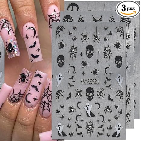 Halloween Nail Art Stickers 3D With Rhinestone - 3PCS Spider Web, Skull, Ghost Design Manicure Decal - Dark Black Decorations Supplies for Women - skull sticker