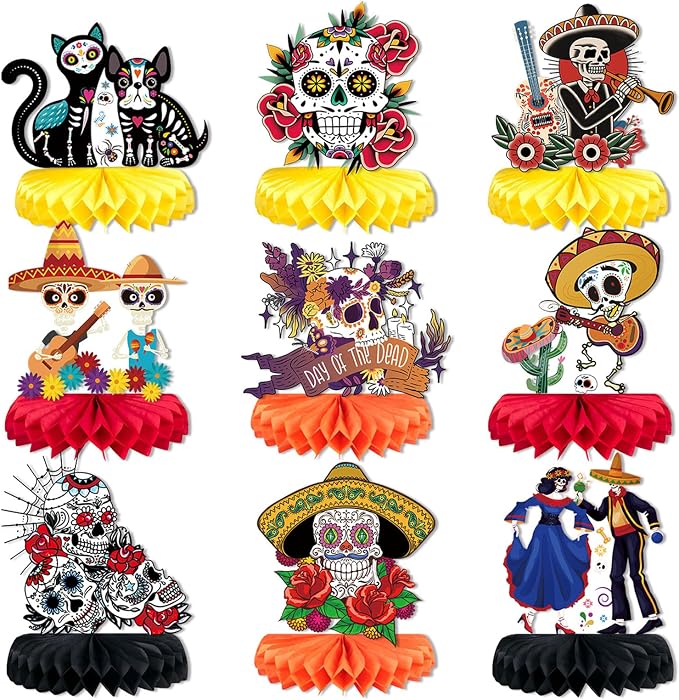 Day of The Dead Decorations 9Pcs Dia De Los Muertos Honeycomb Table Toppers - skull sticker