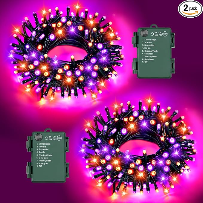 Halloween Lights String Total 100LED Battery Operated Outdoor 8 Modes with Timer 16.4Ft*2, 50LED*2 Waterproof Fairy Lights Indoor for Halloween Decor, Orange&Purple, 2-Pack - string light
