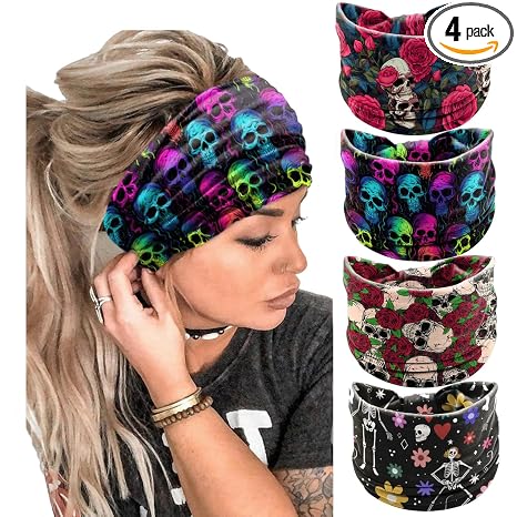 Halloween Skeleton Rose Headbands for Women Wide Headband Skull Wraps 4 Pcs