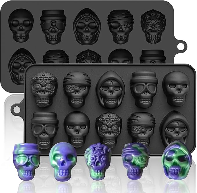 Skull Silicone Molds Halloween 2 Pack 10 Cavity for Chocolate Candy, Freezing Yogurt Wax Melts 3D Tray 5 Head Shapes Food Grade Baking Mould Oven Safe Treat or Trick Kids Homemade DIY Party - skull ashtray