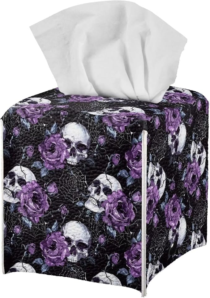 doginthehole Halloween Decoration Square Tissue Box Cover Hippie Skull Purple Rose Leather Tissue Box Holder for Bathroom/Coffee Desk Tissue Holder Office Tissue Case Organizer Cube Tissue Dispenser - skull toilet paper