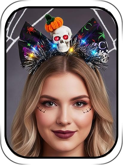 Light Up Headbands Bow Skull Halloween Hair Band Festival Cosplay Decorations Party Hair Accessories for Women - skull headband