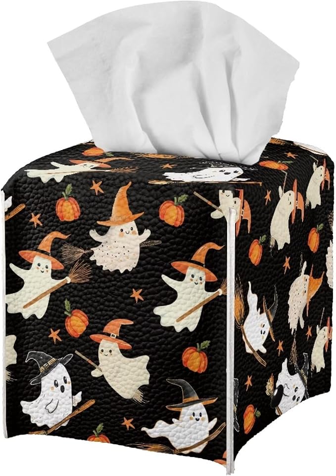 doginthehole Halloween Decorations Tissue Box Cover, Cute Spooky Ghost Pumpkin Square Tissue Box Holder, Facial Paper Organizer Dispenser for Bathroom Vanity Countertop, Nightstand, Home, Office, Car - skull toilet paper