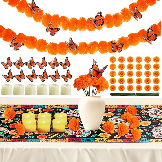 83pcs Dia De Los Muertos Decorations Ofrenda Kit - Day of the Dead Altar Decor Set,2 Marigold Garland 30 Marigold Flowers & Stems,Table Runner,12 Monarch Butterfly 6 Candle (Table Runner-Skull) - skull carpet