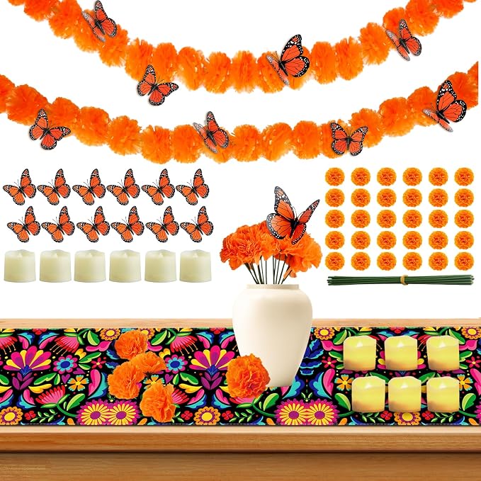 83pcs Dia De Los Muertos Decorations Ofrenda Kit - Day of the Dead Altar Decor Set,2 Marigold Garland 30 Marigold Flowers & Stems,Table Runner,12 Monarch Butterfly 6 Candle (Table Runner-Flower) - skull carpet