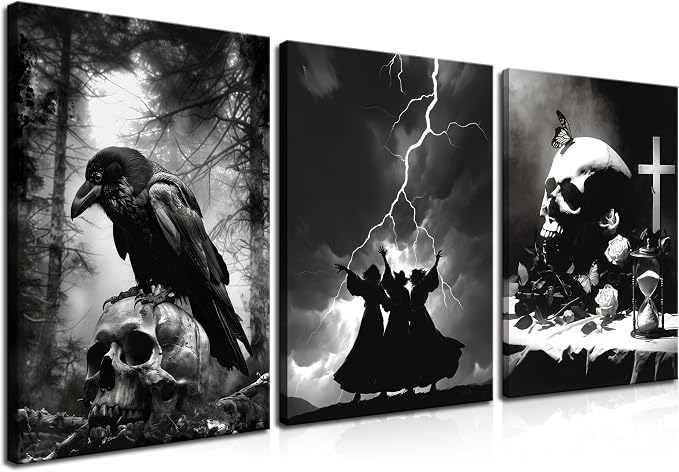 Framed Dark Gothic Canvas Wall Art Set of 3, Creepy Witchy Halloween Wall Decor Paintings, Crow and Skull Goth Aesthetic Posters Prints for Living Room Bedroom Bathroom Home Decor 12x16In - skull painting