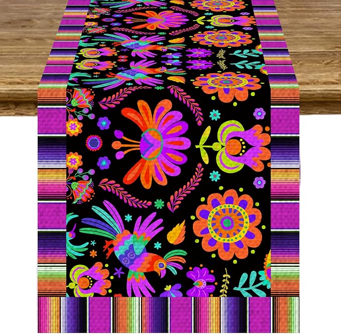 Linen Day of The Dead Table Runner Decoration 72×13in Long De Mayo Farmhouse Runner Dia De Los Muertos Runners Kitchen Dining Home Table Decoration Mexican Fiesta Decor and Supplies