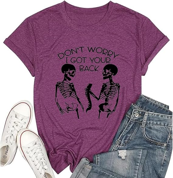 Women's Halloween T Shirt Skeleton Graphic Tee Spooky Season Short Sleeve - skull tshirt