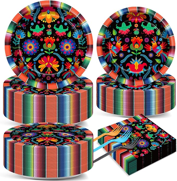 50 Guests Day of The Dead Mexican Fiesta Plates and Napkins Party Supplies Mayo Datura Flower Party Decorations Disposable Tableware Set Mexican Dinnerware Favor for Pinata Taco Theme Decor, 200PCS - skull plate