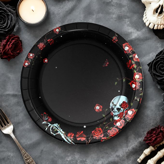 Cheerland Halloween Party Paper Plates Rose Skull Disposable Plate 7 Inch Black Tableware for Birthday Summerween Emo Cosplay Day of Death Celebration Spooky Gothic Party Supplies Decorations 24pcs - skull plate