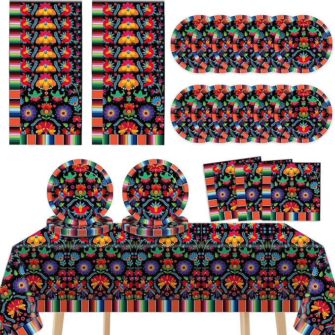 Mexican Fiesta Party Supplies Serves 24 Mexican Party Paper Plates Napkins Mexico Mayo Decorations Datura Flower Serape Tablecloth Set Tableware Kit for Day of The Dead Pinata Taco Ponchos Dance - skull plate