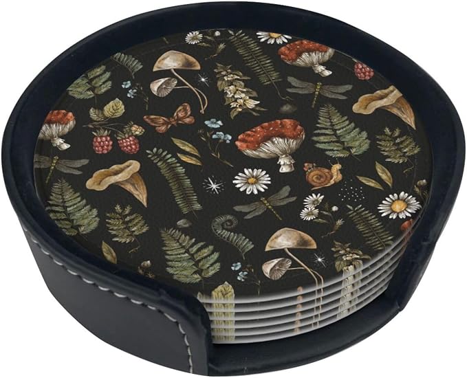 Mushroom Witch Witchy Vintage Plant Coasters For Drinks Round Leather Coaster With Holder Set Of 6 For Tabletop Protection Desk Accessories Office Home Room Decor - skull coaster