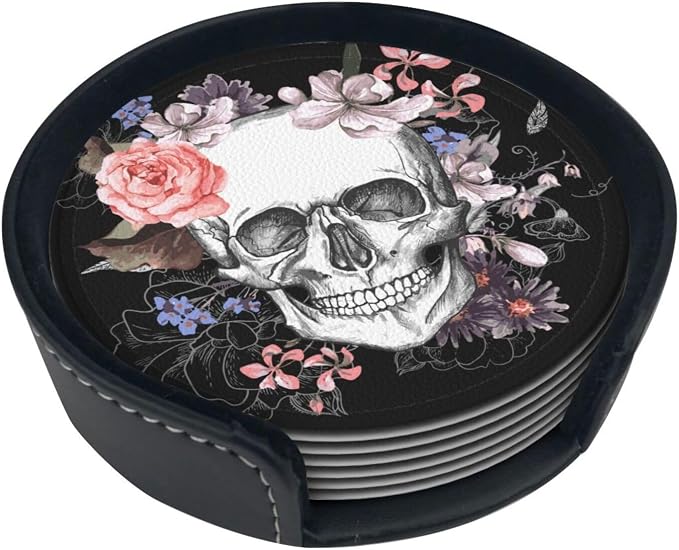 Elegant Skull Rose Flower Coasters for Drinks Round Leather Coaster with Holder Set of 6 for Tabletop Protection Desk Accessories Office Home Room Decor - skull coaster