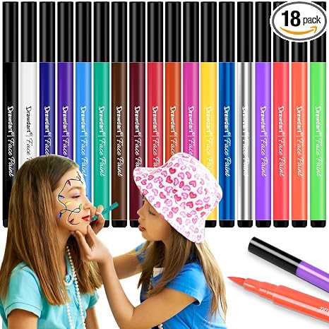 Drawdart 18 Colors Water-Resistant Anti Smudge Face & Body Paint Markers, Sweatproof Tattoo Makeup Pens for Soccer Tournaments, Halloween Party Kids & Adults - sugar skull makeup