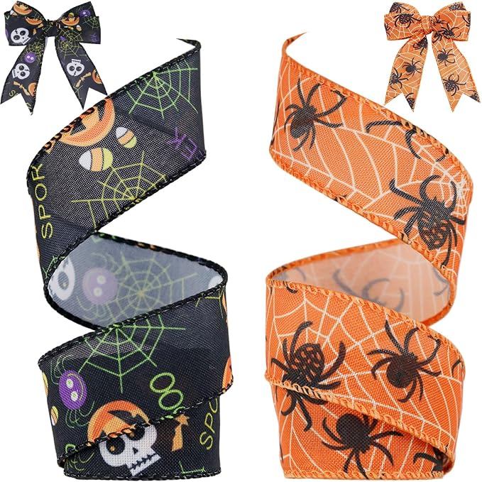 2 Rolls 12 Yards Wired Edge Ribbon - Skull Pumpkin Halloween Decorative Spider Web Printed Wrapping Ribbon for Party Wreath DIY Craft Floral Bow - skull wreath