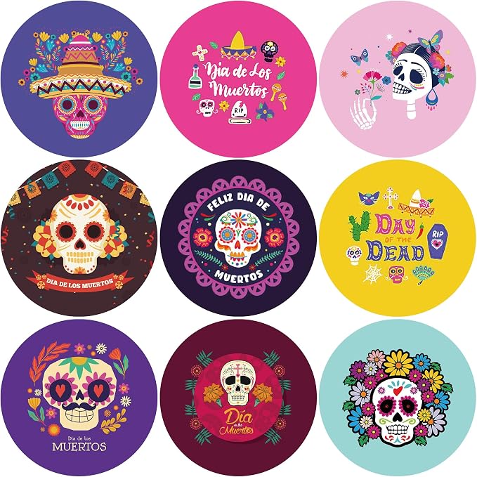 Day of The Dead Round Stickers Party Supplies Dia De Los Muertos Circle Stickers Party Decoration Day of The Dead Sugar Skull Party Favors Party Gifts Prize Goodie Bag Favors 1.5”, 180 Counts - skull sticker