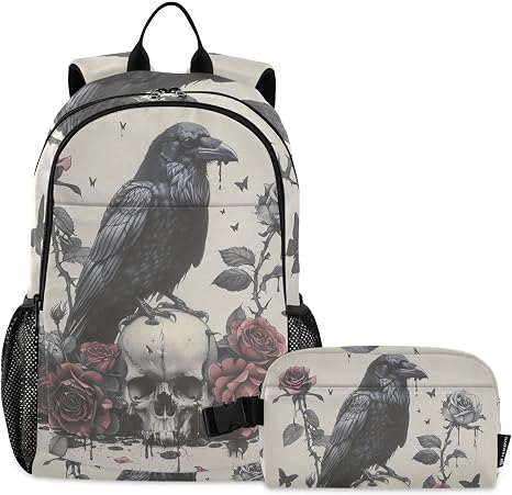 Crow Skull Red Rose Backpack Book Bag Daypack Shoulder Bag Lightweight Back Pack with Lunch Box Travel Laptop Daypack 18.5 x 11.8 In - skull backpack