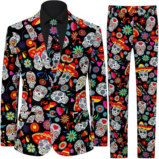 Men's 3-Piece Halloween Suits, Two Button Jacket & Pants & Tie - sugar skull costume