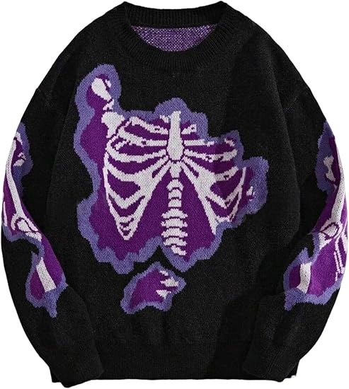 ZAFUL Halloween Sweaters for Mens Y2K Knit Unisex Skeleton Pullover Jumpers - skull sweatshirts