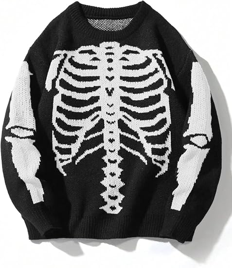ZAFUL Halloween Sweaters for Mens Y2K Knit Unisex Skeleton Pullover Jumpers - skull jacket