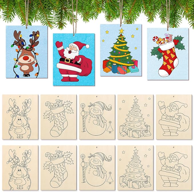 COCHIE 10 Pieces Large Christmas Unfinished Wood Crafts to Paint for Adults, Bulk Winter Predrilled Wooden Ornaments for Painting, Xmas Tree Truck Paintable Wood Slices Craft Supplies - skull painting