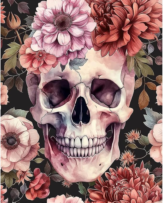 Natuyalo Paint by Numbers Kit for Adults - Paint by Number on Canvas Without Frame, Skull and Flowers DIY Acrylic Painting for Ideal Gift Home Wall Decor (16x20 Inch) - skull painting