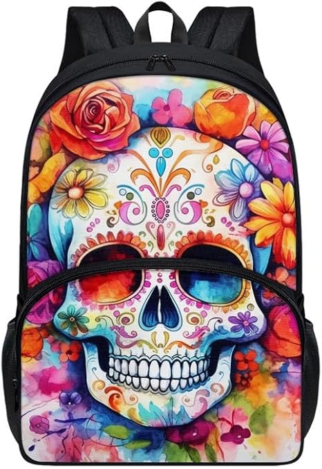 Sugar Skull 17in Backpack for Kids, Halloween Mexican Skull Bookbag for Middle High School Teens, Colorful Flower Skeleton School Bags Casual Lightweight Daypack - skull backpack
