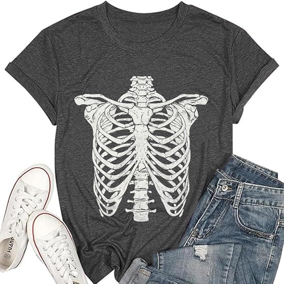 Women's Halloween T Shirt Skeleton Graphic Tee Spooky Season Short Sleeve - skull tshirt