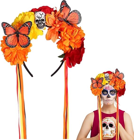 Day of the Dead Mexican Rose Flower Butterfuly Crown Headband for Women Halloween Headpiece Cosplay Costume Party - skull headband